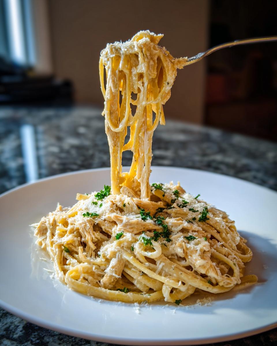 A fork lifts creamy noodles from a plate of crockpot garlic parmesan chicken pasta, topped with cheese and parsley.