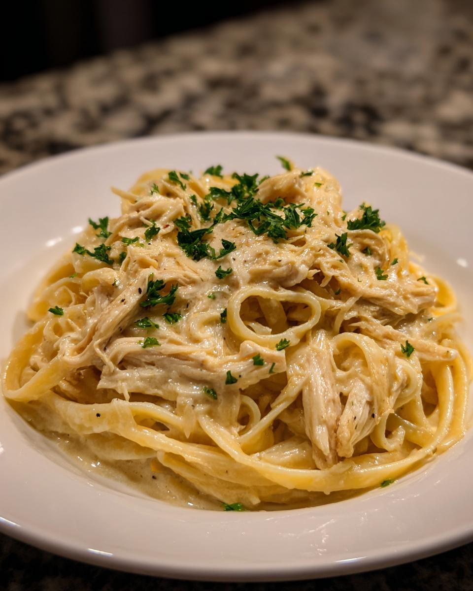 A close-up of fettuccine pasta topped with shredded chicken in a creamy sauce, garnished with parsley, representing crockpot garlic parmesan chicken pasta.