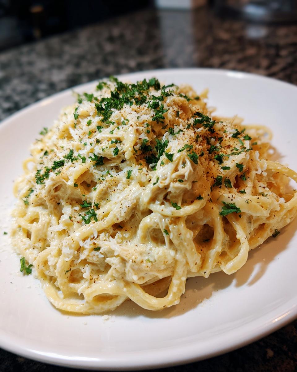 A close-up of creamy crockpot garlic parmesan chicken pasta topped with grated parmesan and fresh parsley.