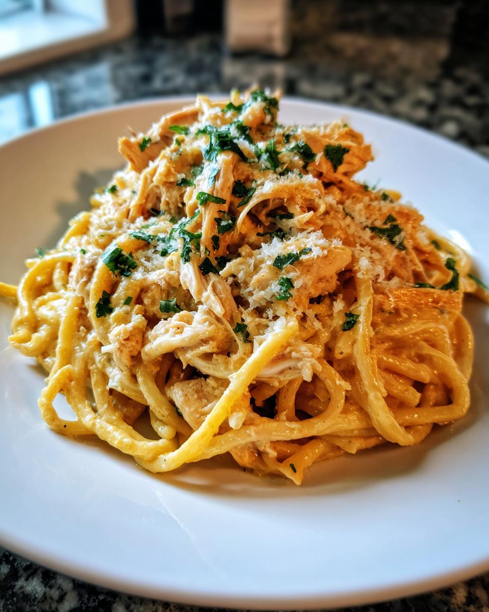 A close-up of a serving of creamy crockpot garlic parmesan chicken pasta topped with shredded chicken, cheese, and parsley.