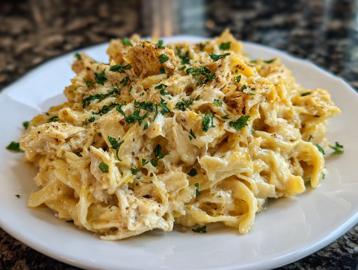 A close-up of a creamy serving of crockpot garlic parmesan chicken pasta topped with parsley.