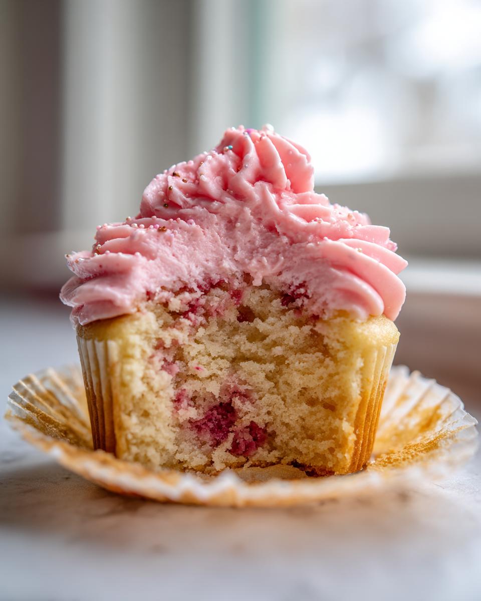 Close-up of a strawberry cupcake cut in half showing moist cake with berry pieces and pink frosting.
