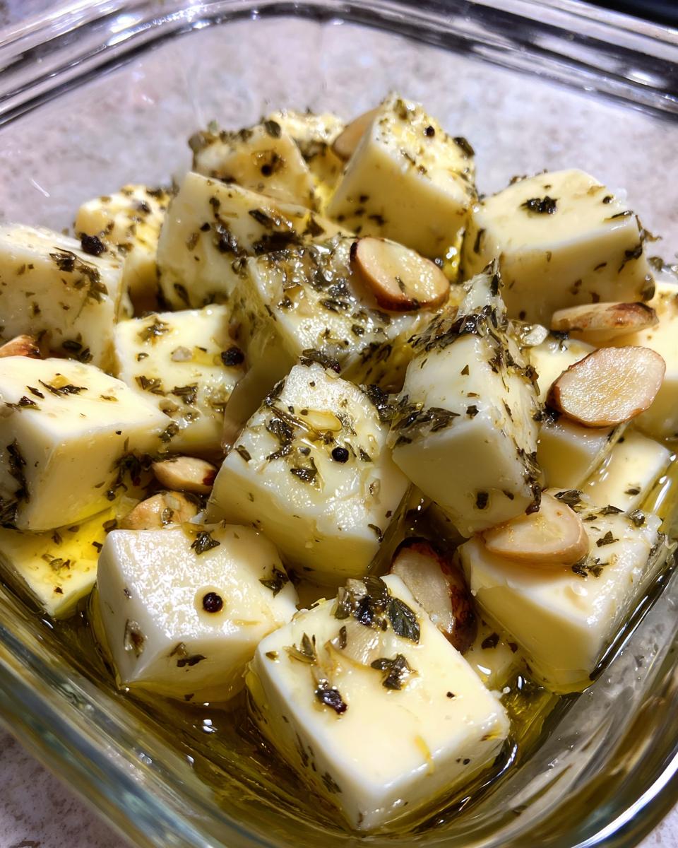 Close-up of cubed marinated cheese soaking in olive oil with herbs, peppercorns, and sliced garlic.