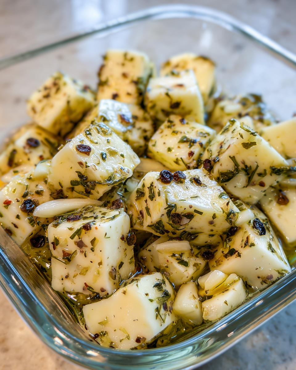 Close-up of cubed white cheese soaking in olive oil with visible herbs, garlic, and spices, ready for marinated cheese.