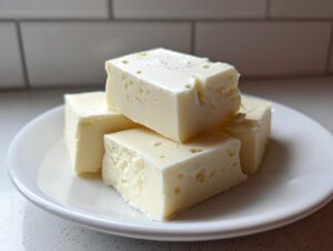 Four creamy, pale yellow cubes of amazing 3-ingredient white chocolate fudge stacked on a white plate.