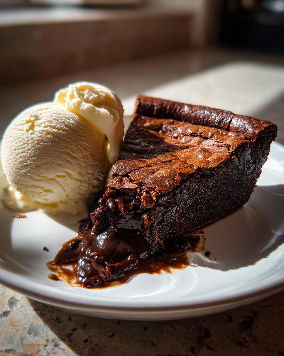 A rich slice of hot fudge pie oozing chocolate next to a scoop of vanilla ice cream.
