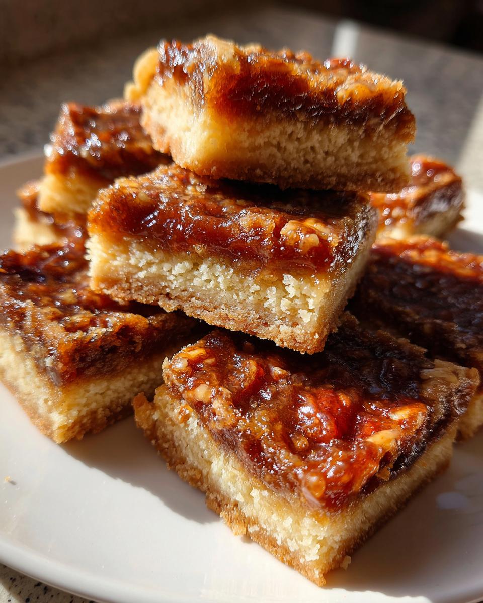 A stack of freshly cut pecan pie bars showing a thick shortbread crust and gooey pecan topping.
