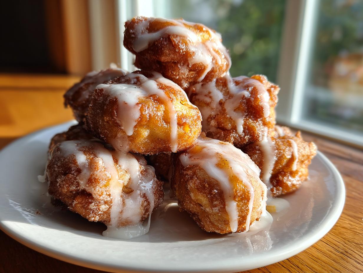 A stack of freshly fried, golden brown apple fritter pieces drizzled generously with white vanilla glaze.