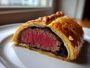 Close-up of a slice of beef wellington recipe showing medium-rare pink center and golden puff pastry.