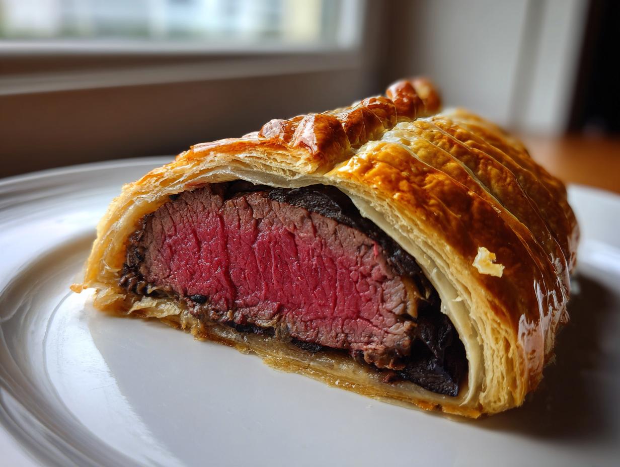 Close-up of a slice of beef wellington recipe showing medium-rare pink center and golden puff pastry.