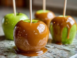 Close-up of a freshly made caramel apple with dripping, glossy caramel coating over a green apple.
