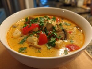 A close-up of a white bowl filled with rich, orange-yellow coconut curry soup featuring chicken chunks, red bell peppers, mushrooms, and fresh cilantro.