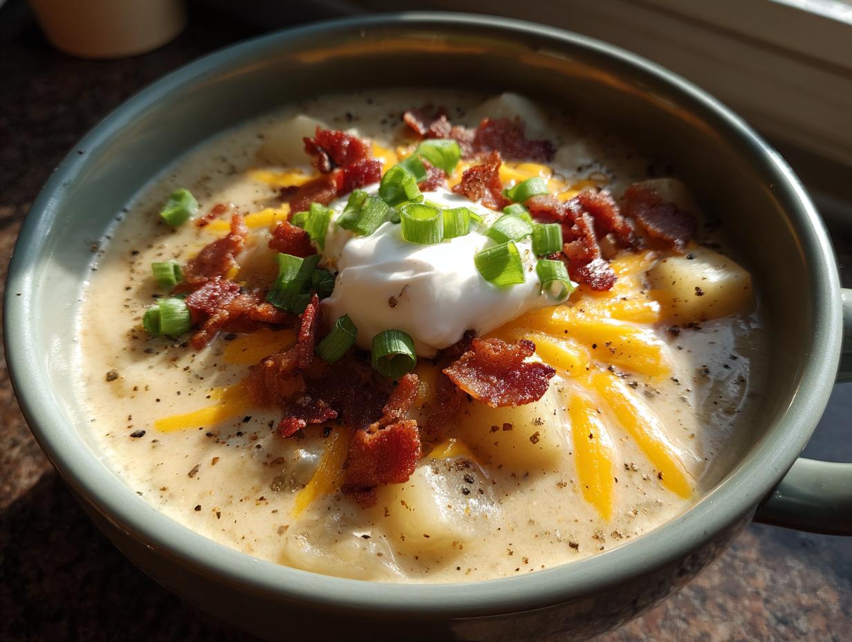 A close-up of a bowl of creamy loaded baked potato soup topped with bacon, cheese, sour cream, and green onions.
