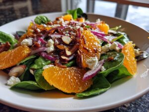 Close-up of a vibrant mandarin orange salad featuring spinach, feta cheese, red onion, and toasted almonds.