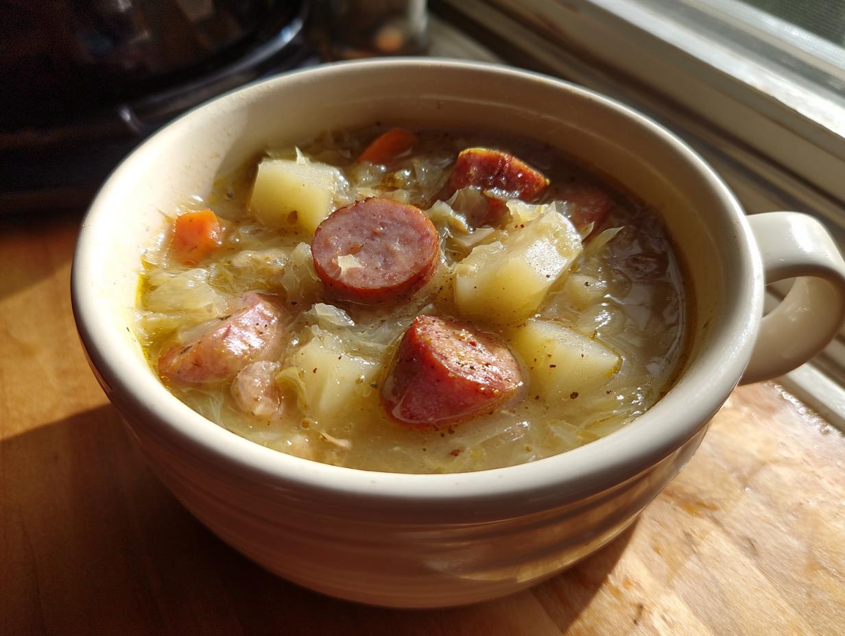 Close-up of a steaming bowl of sauerkraut soup featuring chunks of sausage, potatoes, and carrots.