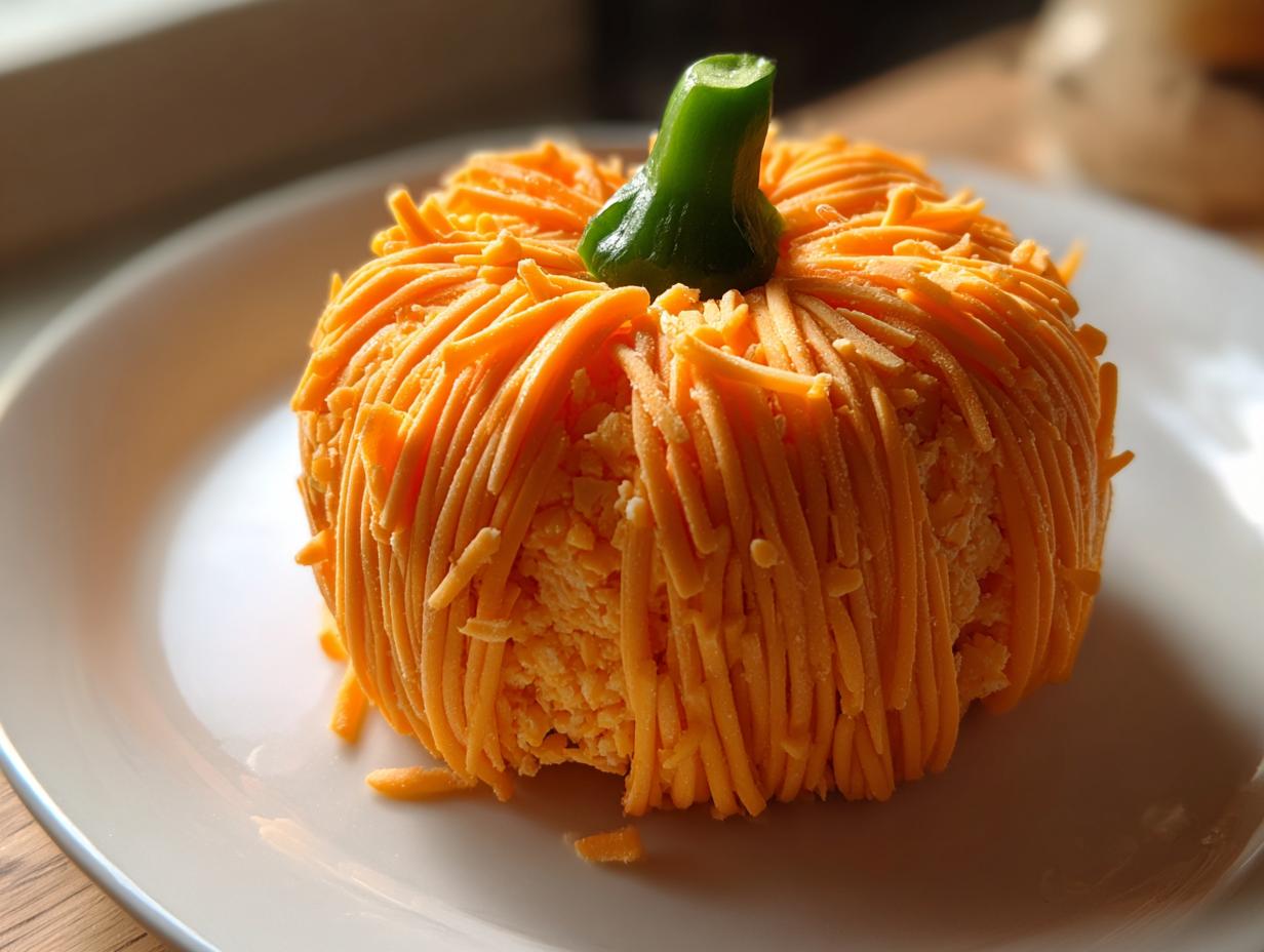 A festive pumpkin cheese ball appetizer coated in shredded orange cheese with a green pepper stem on top.