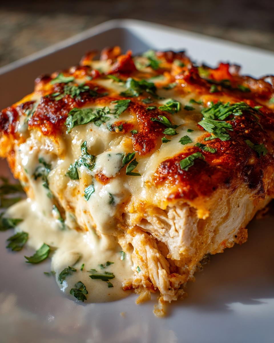 Close-up of a juicy piece of Fiesta Lime Chicken covered in melted, browned cheese and creamy sauce, garnished with parsley.