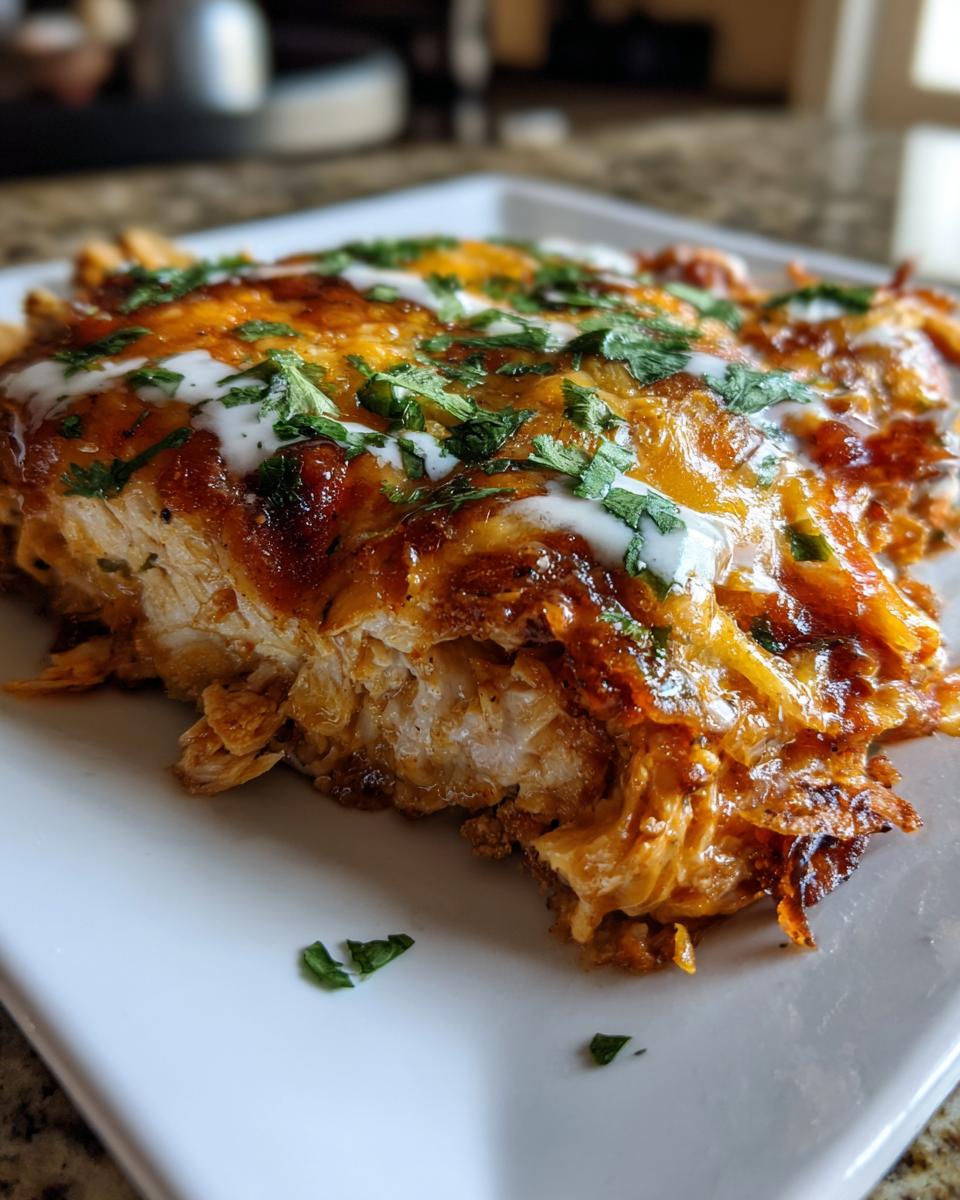 Close-up of a slice of baked fiesta lime chicken topped with melted cheese, sour cream drizzle, and fresh cilantro.