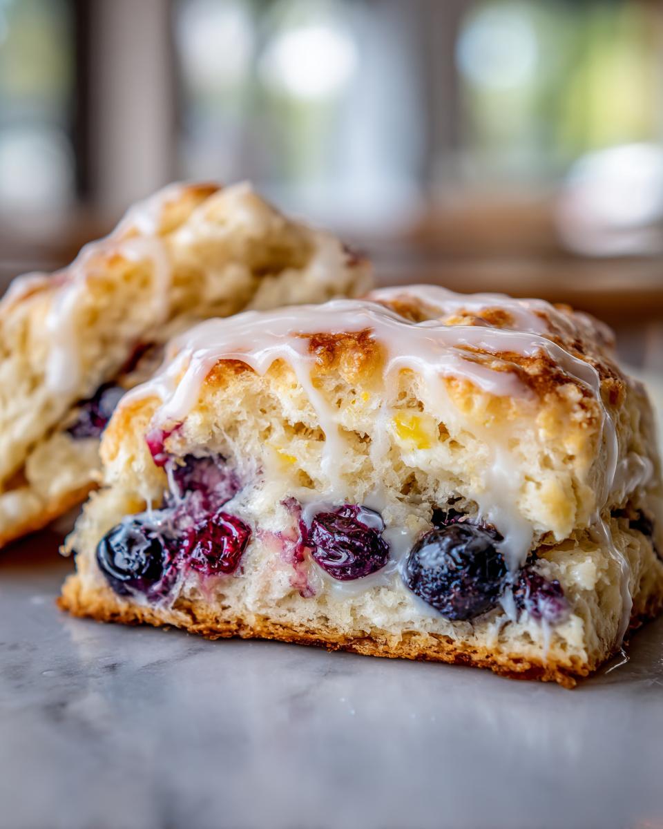 Cross-section of a flaky blueberry scone showing juicy berries and topped with a sweet white glaze.
