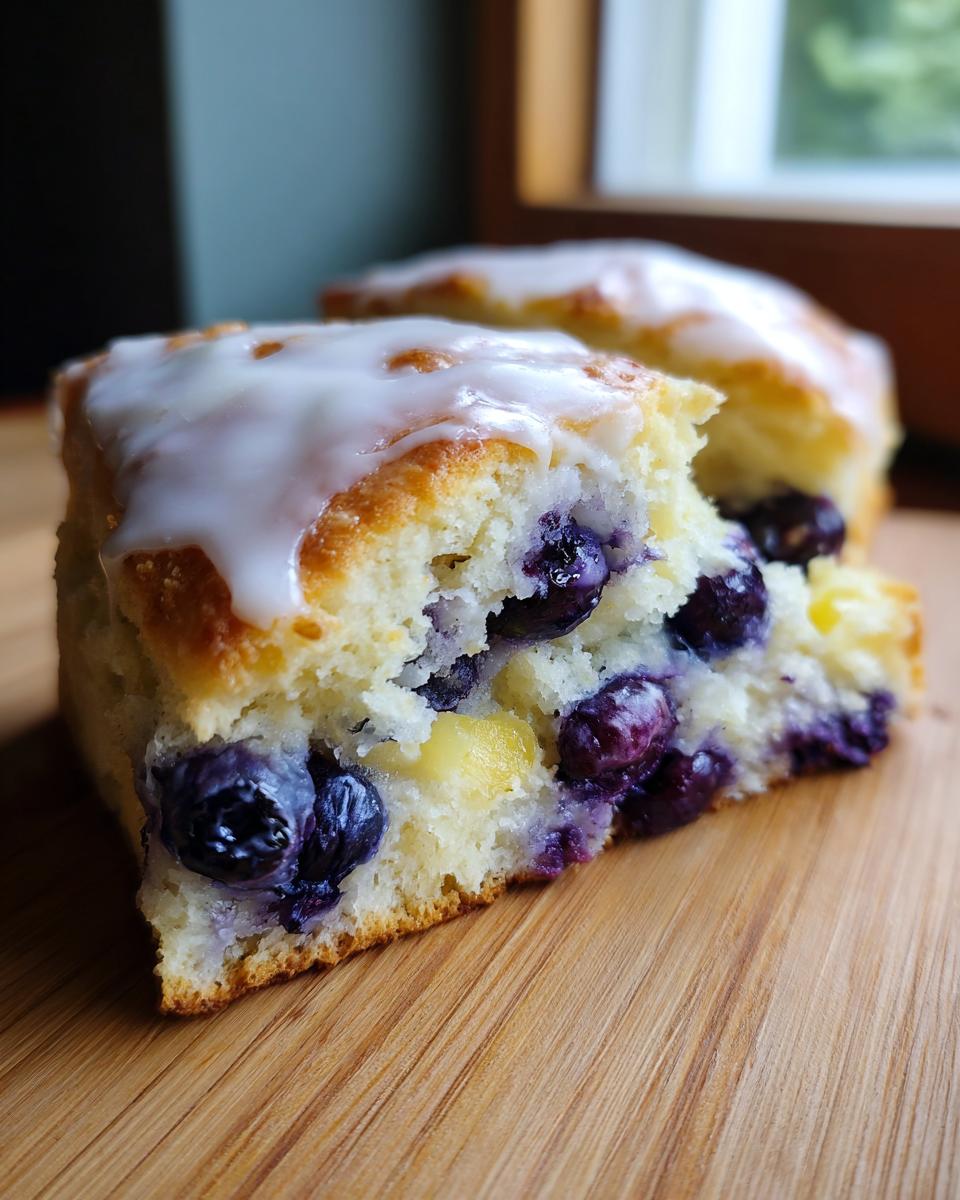 A close-up cross-section of a flaky blueberry scone topped with white glaze, showing many burst blueberries inside.