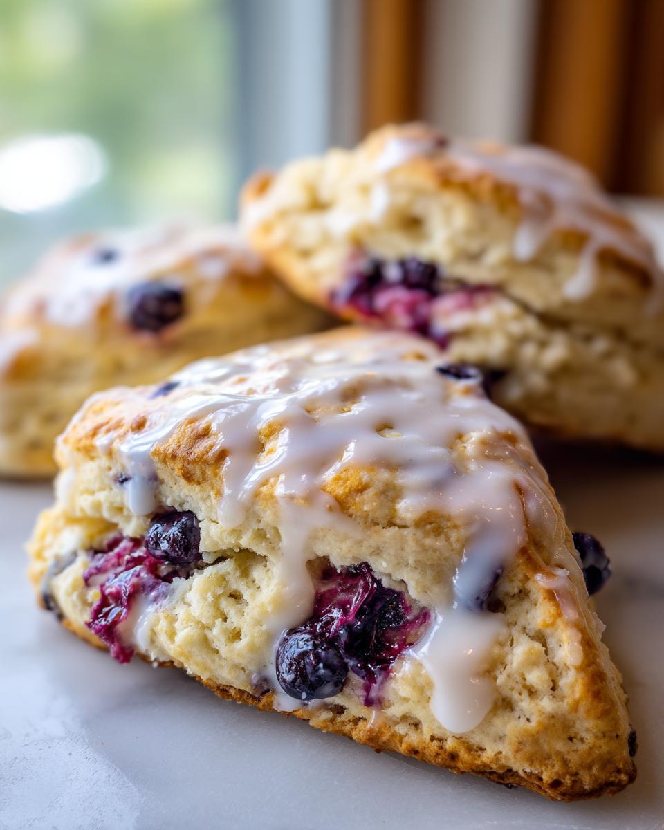 A close-up of a flaky, triangular blueberry scone cut in half, showing juicy berries and drizzled with white glaze.