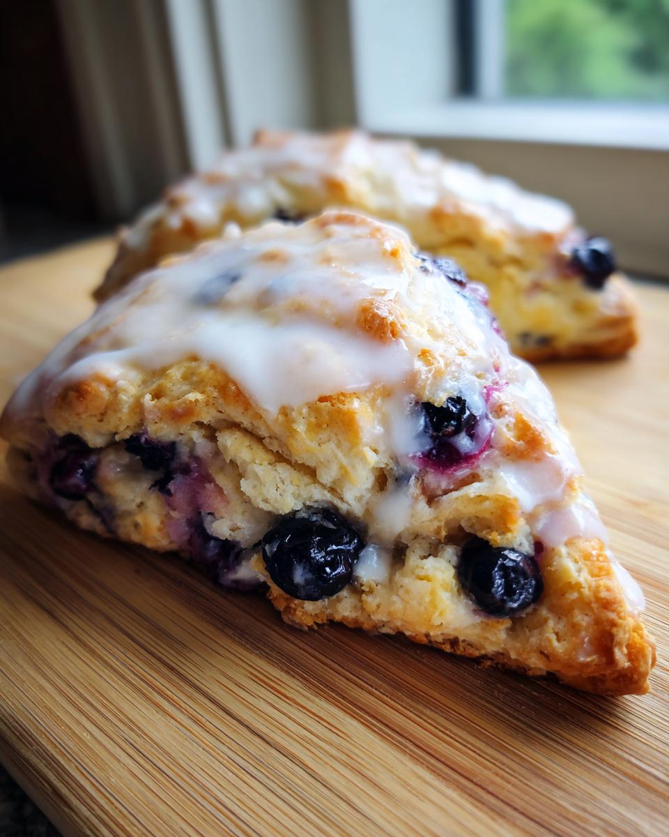 A close-up of a freshly baked, flaky blueberry scone topped with a sweet white glaze, resting on a wooden cutting board.