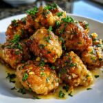 A close-up of golden brown, glazed chicken bites piled on a white plate and garnished with fresh chopped parsley.