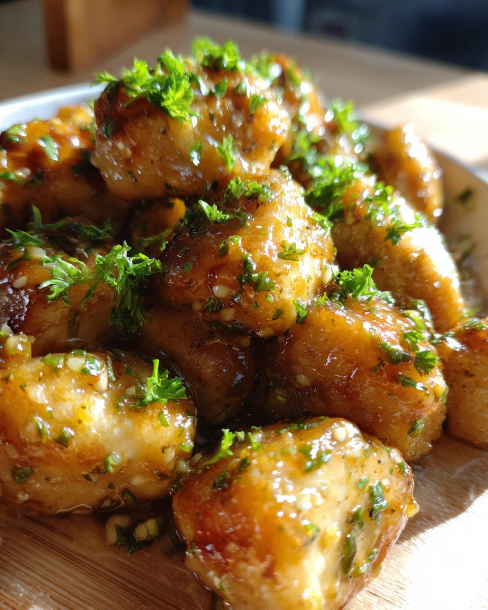 Close-up of golden brown, glazed chicken bites topped with fresh chopped parsley and garlic.