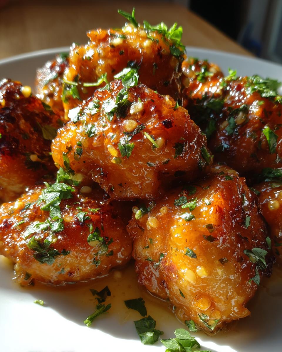 Close-up of sticky, glazed chicken bites topped with chopped parsley and chili flakes.