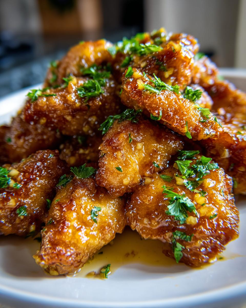 A close-up of sticky, glazed chicken bites piled on a white plate, garnished with fresh chopped parsley.