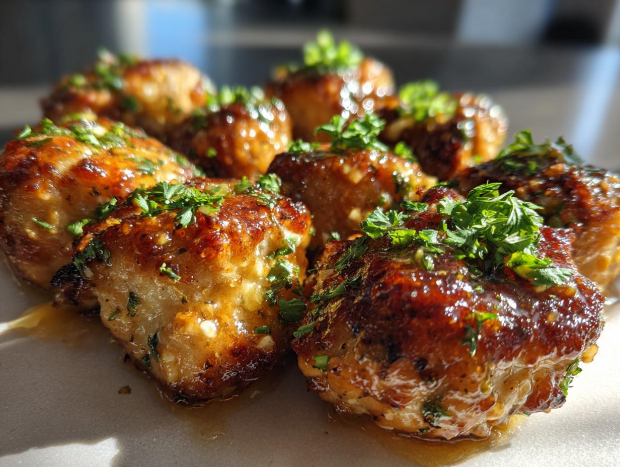 Close-up of golden-brown, glazed chicken bites garnished with fresh chopped parsley.