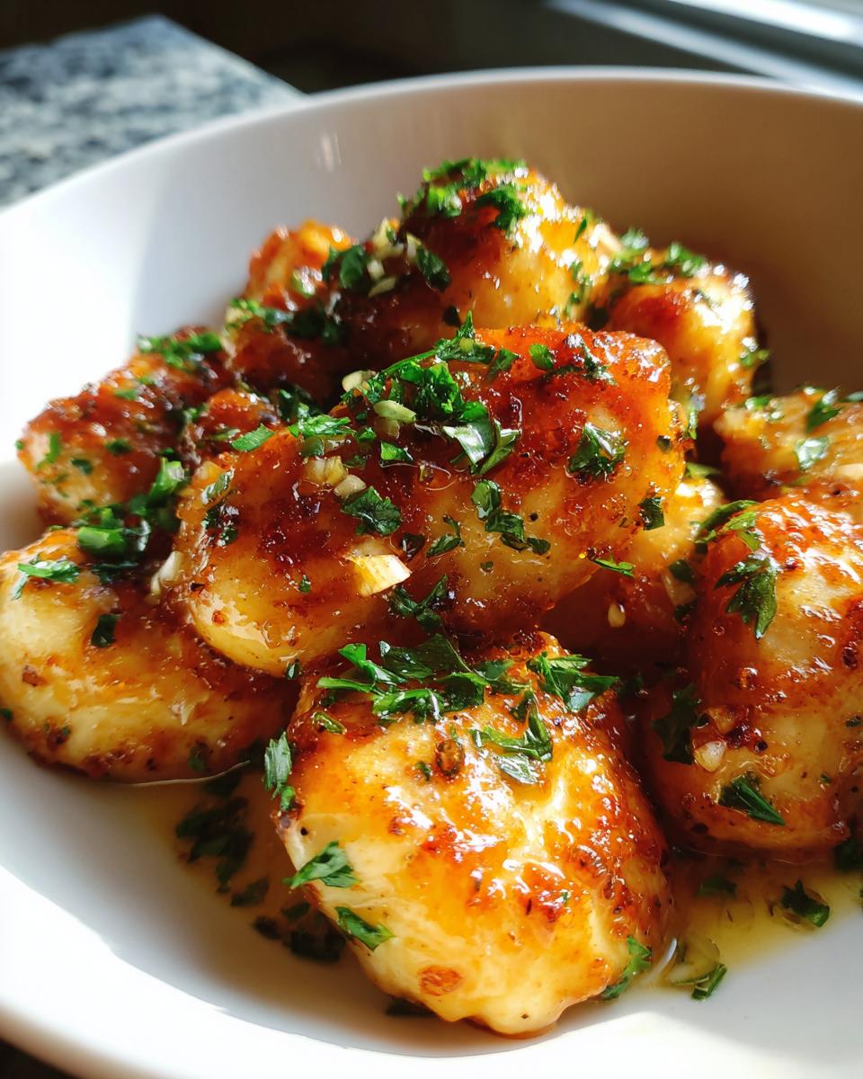 Close-up of golden brown, glazed chicken bites topped with fresh chopped parsley and garlic.