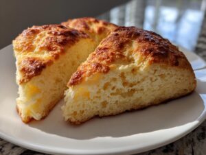 Three golden-brown, triangular scones displayed on a white plate, showing their fluffy interior texture.
