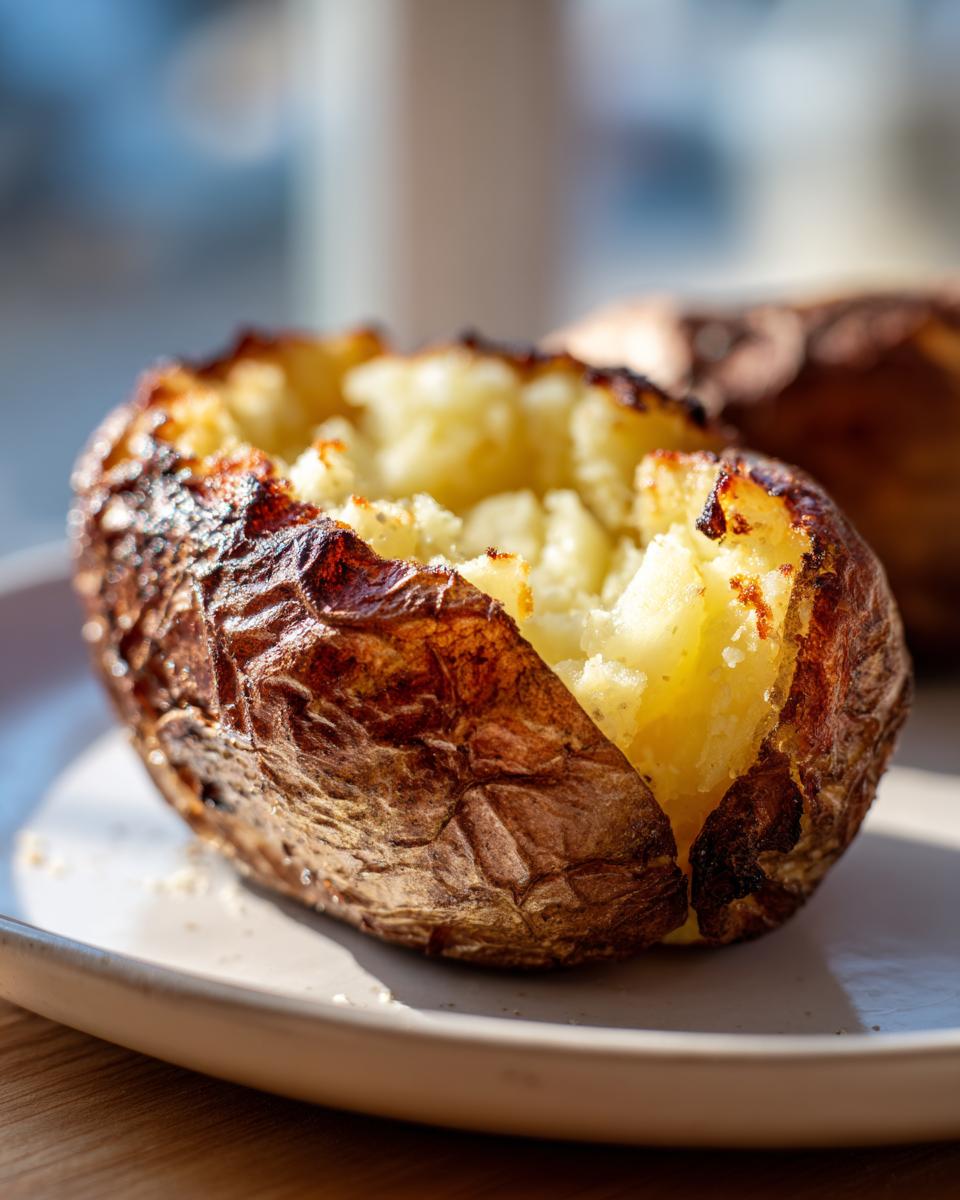 Close-up of a perfectly cooked air fryer baked potato, split open to show fluffy interior and crispy skin.