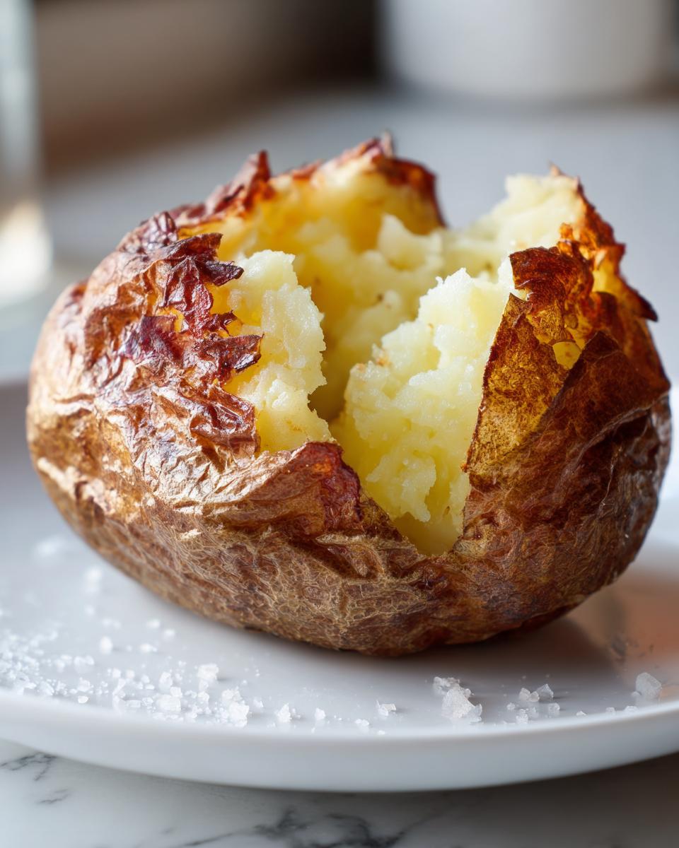 A perfectly cooked air fryer baked potato, split open to show fluffy interior and crispy, salted skin.