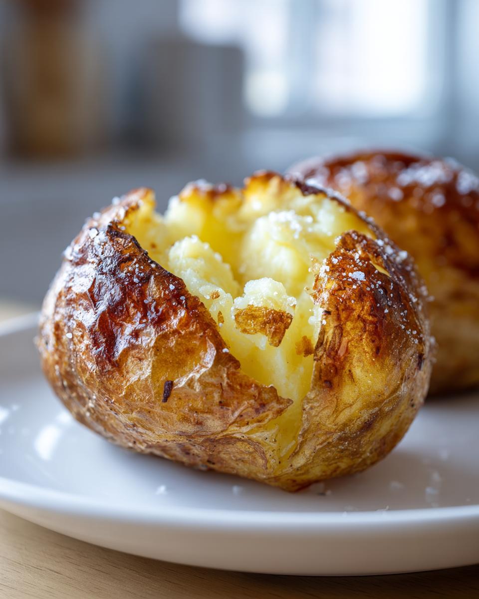 Close-up of a perfectly cooked air fryer baked potato, split open to show fluffy interior and salted, crispy skin.