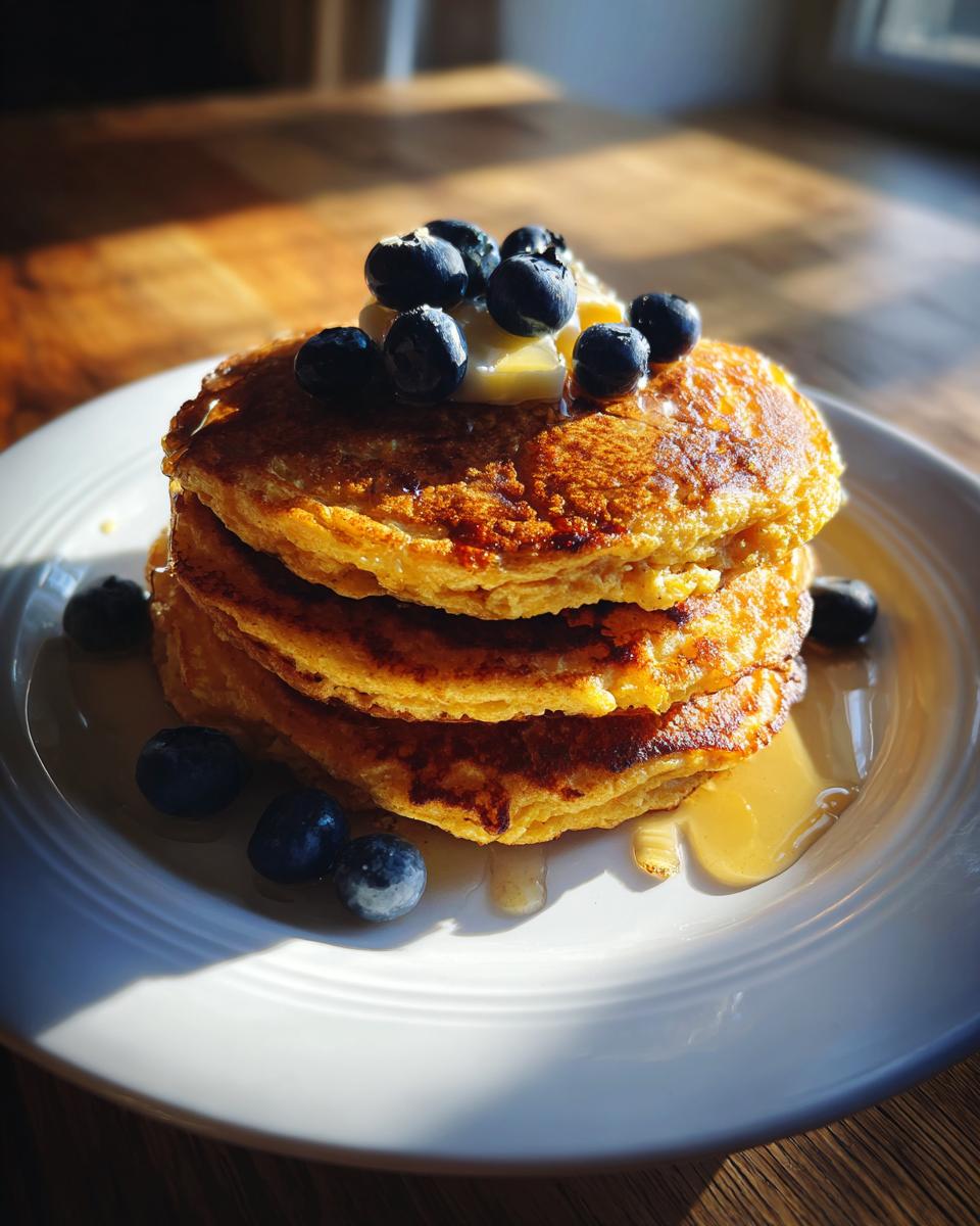 A stack of three golden brown almond flour pancakes topped with butter and fresh blueberries, drizzled with syrup.