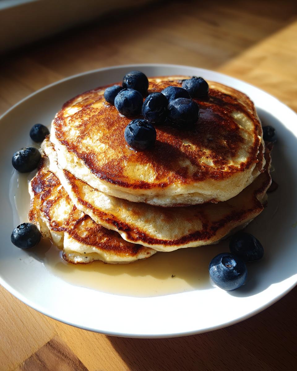 A stack of three golden brown almond flour pancakes topped with fresh blueberries and maple syrup.