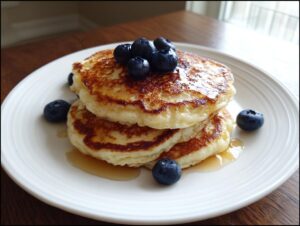 A stack of three fluffy almond flour pancakes topped with fresh blueberries and drizzled with syrup.
