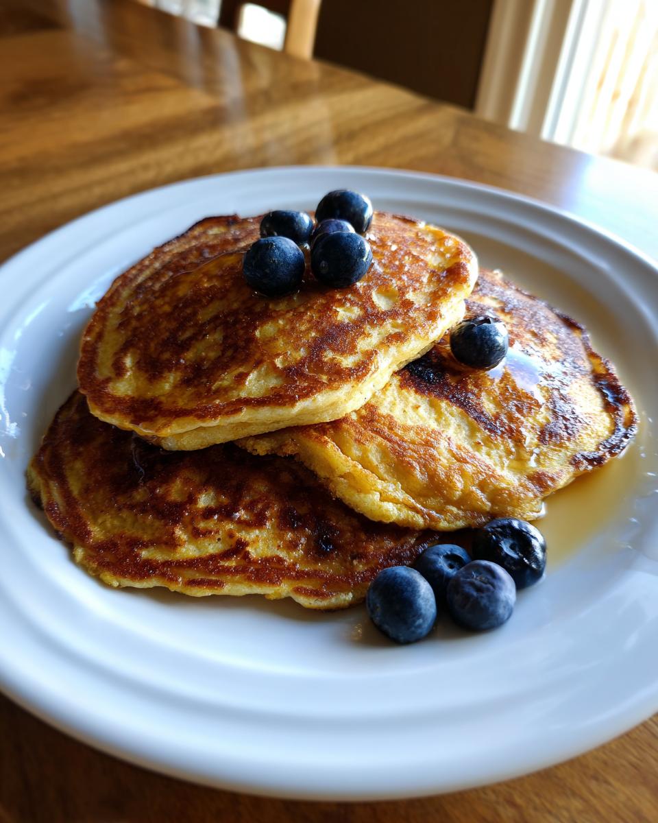 A stack of three golden brown almond flour pancakes drizzled with syrup and topped with fresh blueberries.