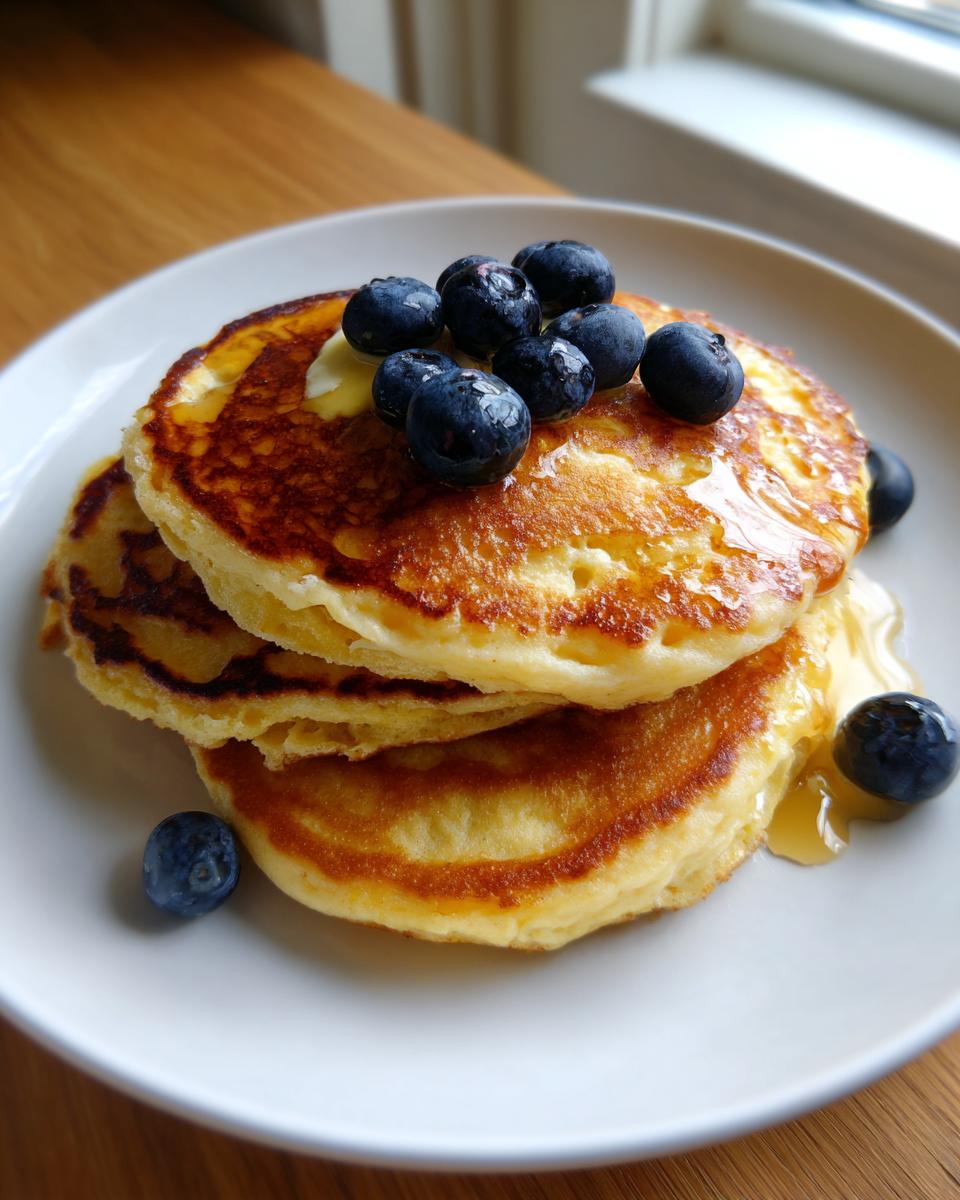 Stack of three golden brown almond flour pancakes topped with fresh blueberries and drizzled with syrup.