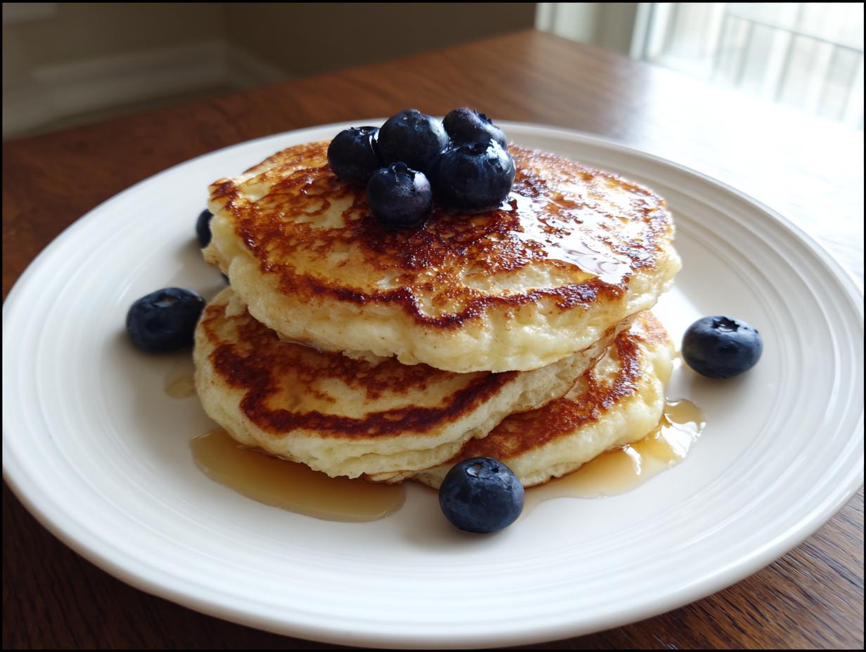 A stack of three fluffy almond flour pancakes topped with fresh blueberries and drizzled with syrup.