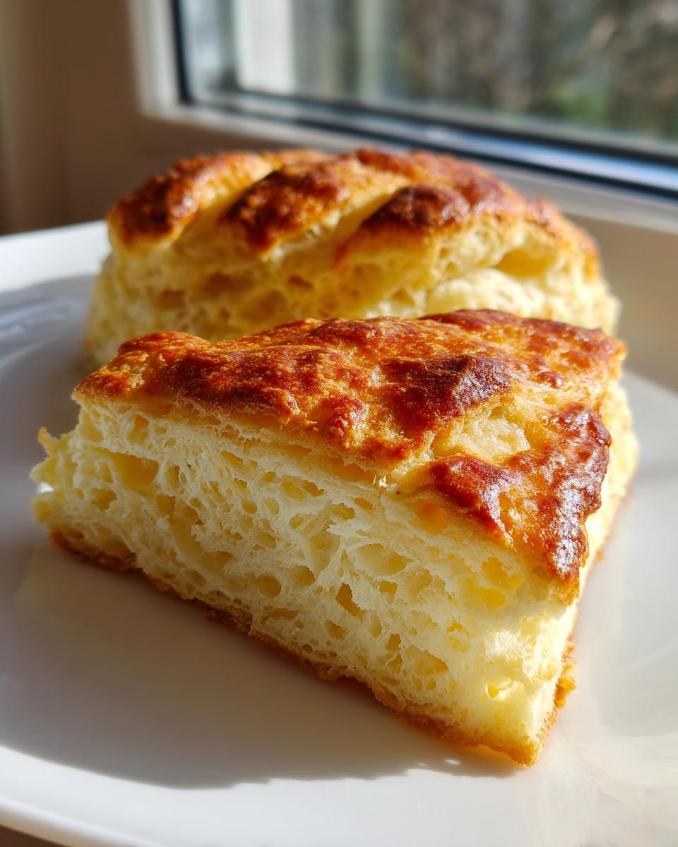 Close-up of a perfectly risen, flaky interior texture of one of the bakery style scones.