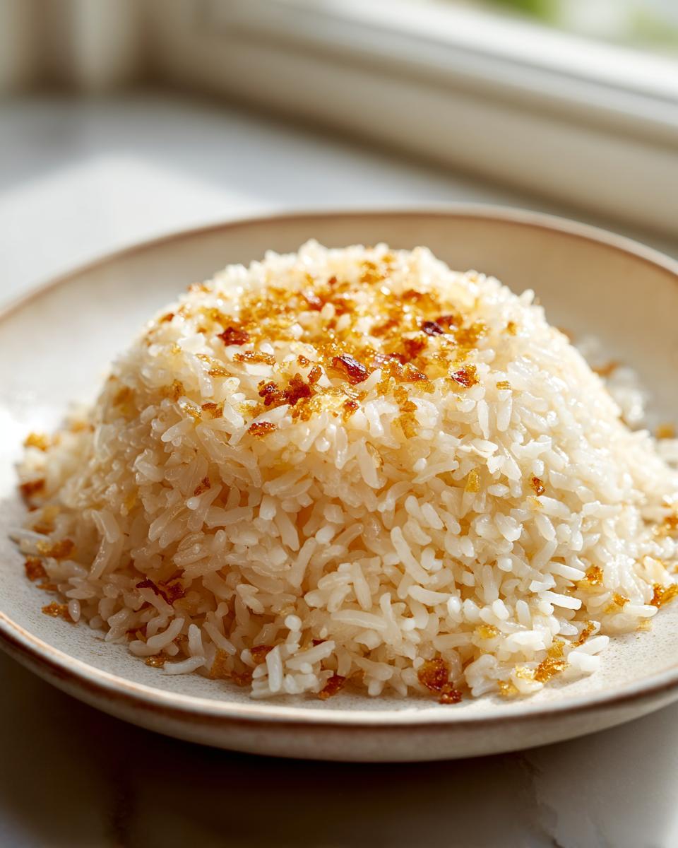 A mound of fluffy white butter rice topped with golden brown crispy bits, served on a light ceramic plate.