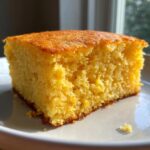 Close-up of a square slice of fluffy, golden buttermilk cornbread with a slightly crisp top, sitting on a white plate.