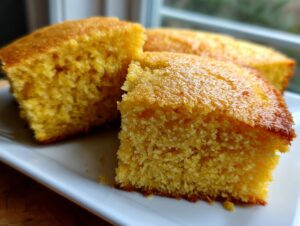 Close-up of fluffy buttermilk cornbread slices showing a moist, yellow crumb texture on a white plate.