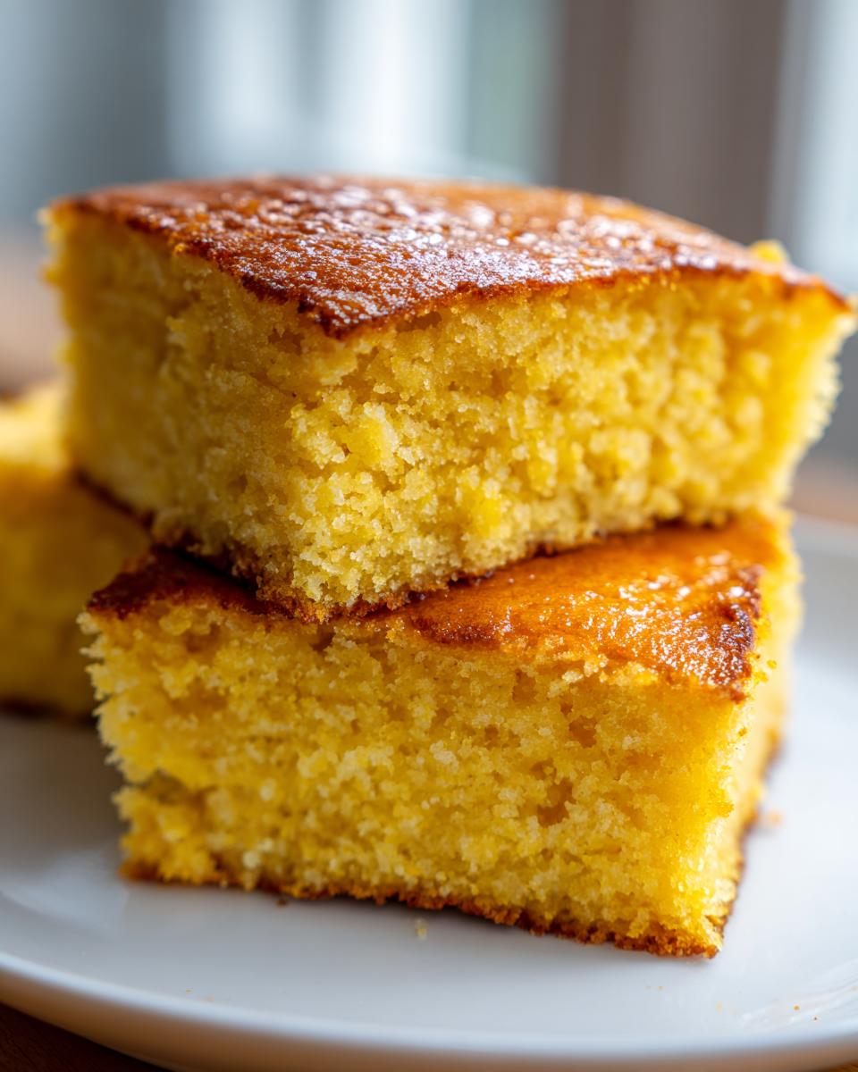 Close-up of two stacked, fluffy squares of golden buttermilk cornbread with a shiny, browned top crust.