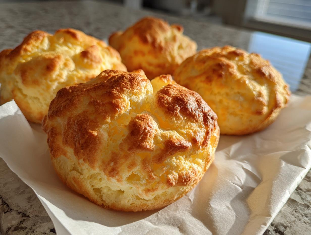 Four golden brown, fluffy cloud bread buns resting on white parchment paper on a speckled countertop.