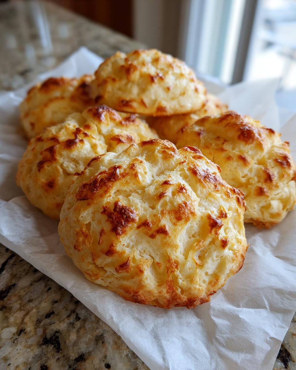 A pile of golden brown, fluffy cloud bread puffs resting on white parchment paper.