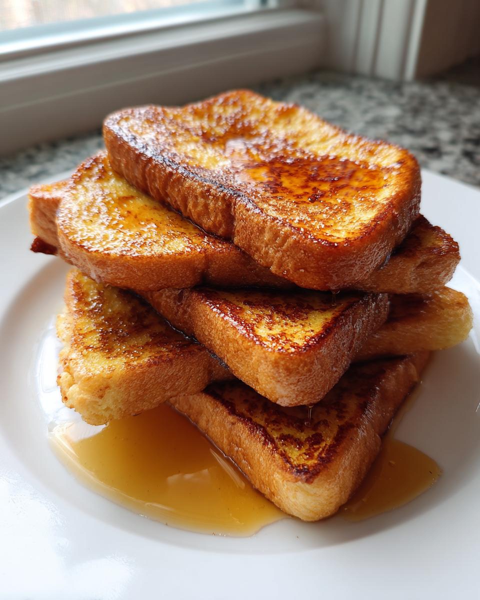 A tall stack of golden brown french toast slices drizzled generously with maple syrup on a white plate.